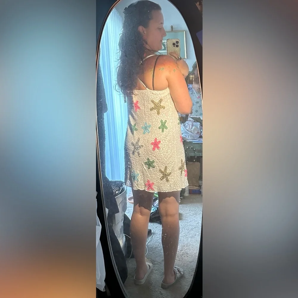 NWT Show Me Your MuMu White Sequin Multi-Color Star Spaghetti Strap Slip Dress - Picture 11 of 16